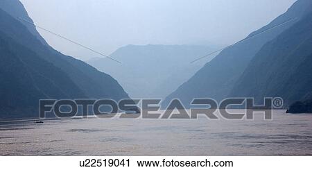 Stock Image - China, Yangtze River, Three Gorges, Wu Gorge. Fotosearch