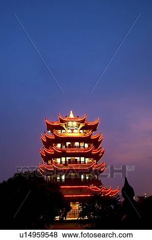 Stock Photo - China, Hubei Province, Wuhan, Wuchang, Yellow Crane Tower, Nightlife. Fotosearch