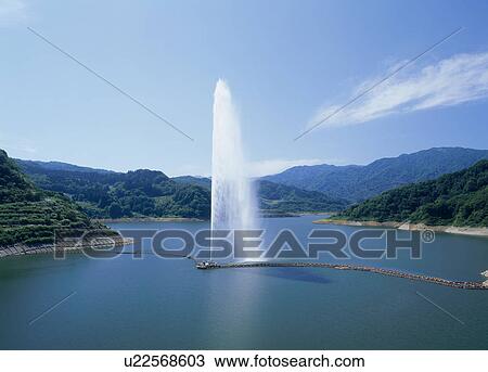 Stock Image - Big Fountain of Gassan Lake, Nishikawa, Yamagata, Japan. Fotosearch