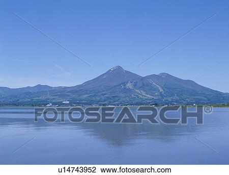 Stock Image - Lake Inawashiro and Bandai Mountain, Inawashiro, Fukushima, Japan. Fotosearch