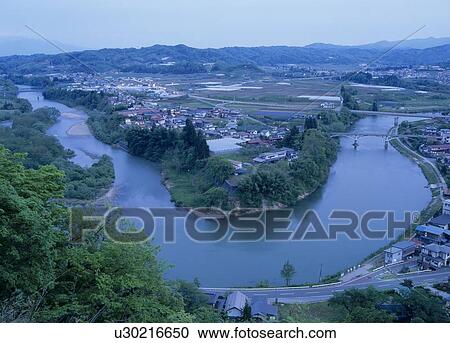 Stock Image - Mogami River, Oe, Yamagata, Japan. Fotosearch
