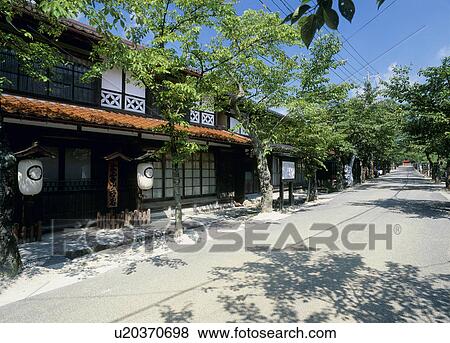 Stock Photo - Unshuko Honjin and Gaisen Sakura Dori, Shinjo, Okayama, Japan. Fotosearch