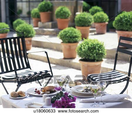 Stock Image - Terrace with boxwood. Fotosearch