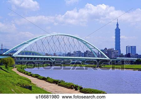 Stock Image - Taiwan, Taipei, Taipei 101, MacArthur 2nd Bridge, Caihong Riverside Park. Fotosearch