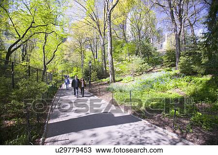 Stock Image - A couple takes walk in Central Park in the Spring, New York City, New York. Fotosearch