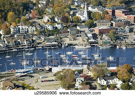 Stock Photograph - Aerial view of Bar Harbor in autumn, Maine. Fotosearch