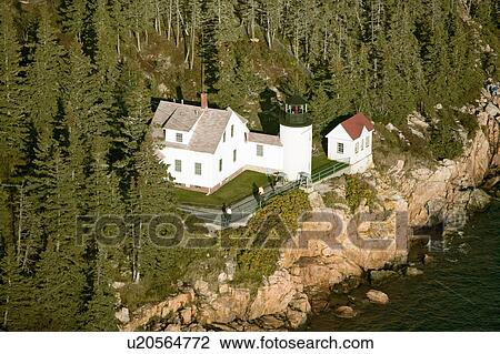 Stock Image - Aerial view of Bass Harbor Head Lighthouse, Acadia National Park, Maine, west side of Mount Desert Island. Fotosearch