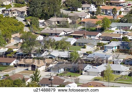 Stock Photo - Aerial view of homes in subdivision in Oak View, Ventura County, California. Fotosearch