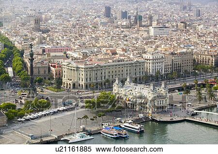 Stock Photography - Aerial view of La Rambla near the waterfront with Columbus statue in Barcelona, Spain. Fotosearch