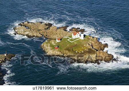 Stock Image - Aerial view of Nubble Lighthouse, Cape Neddick, Maine. Fotosearch