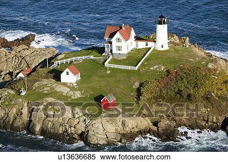 Stock Photography - Aerial view of Nubble Lighthouse, Cape Neddick, Maine. Fotosearch