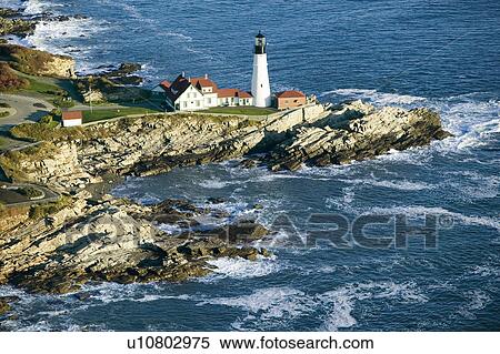 Stock Photography - Aerial view of Portland Head Lighthouse, Cape Elizabeth, Maine. Fotosearch