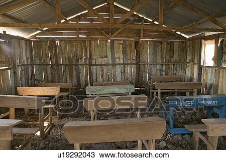 Stock Image - An interior view of schoolroom and UNICEF desk at Pepo La Tumaini Jangwani, HIV/AIDS Community Rehabilitation Program, Orphanage & Clinic. Pepo La Tumaini Jangwani (wind of hope in the arid place) offers hope, support and care for orphan and vulnerable c. Fotosearch