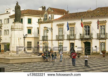 Stock Image - Center of the medieval village of Tomar, Portugal, the town where the Knights of Templar founded the Castle of Tomar. Fotosearch
