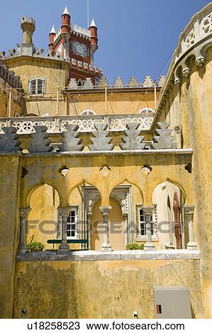 Stock Image - Da Pena Royal Palace, Palácio da Pena, or "Castelo da Pena" as it is more commonly known, is the most complete and notable example of Portuguese architecture from the Romantic period, 1839, Portugal, Sintra . Fotosearch