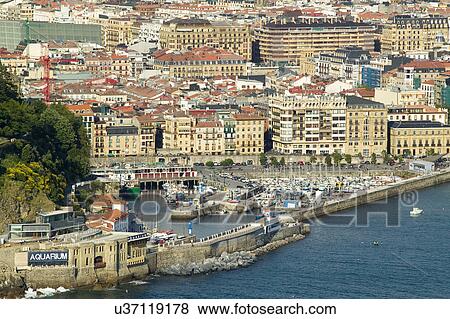 Stock Photo - Donostia-San Sebastian, Basque region of Spain, the Queen of Euskadi's and Cantabrian Coast, as seen from Monte Urgull and Monte Igueldo overlook view spot. Fotosearch