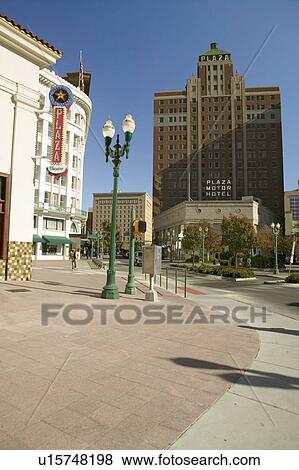 Stock Photo - Downtown El Paso Texas in the historic Plaza district, looking towards the Plaza Motor Hotel. Fotosearch