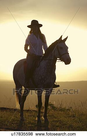 Stock Photo - Female horseback rider and horse ride to overlook at Lewa Wildlife Conservancy in North Kenya, Africa at sunset. Fotosearch