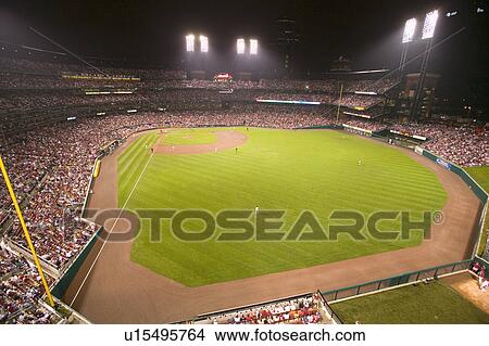 Picture - In a night game and a light rain mist, the Florida Marlins beat the 2006 World Series Champion baseball team, the St. Louis Cardinals 9 to 1, at the 3rd Busch Stadium, St. Louis, Missouri on August 29, 2006. Fotosearch
