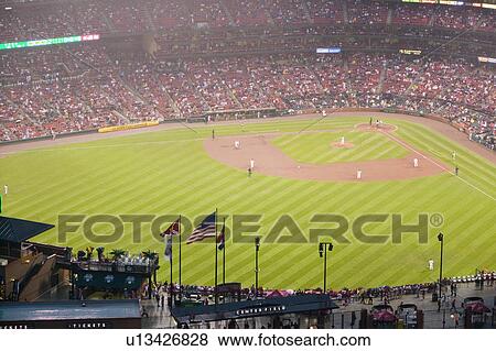 Stock Photo - In a night game and a light rain mist, the Florida Marlins beat the 2006 World Series Champion baseball team, the St. Louis Cardinals 9 to 1, at the 3rd Busch Stadium, St. Louis, Missouri on August 29, 2006. Fotosearch