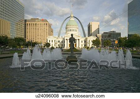 Kiener Plaza - “The Runner” in water fountain in front of historic Old Court House and Gateway Arch in St. Louis, Missouri View Large Photo Image Stock Photo - Kiener Plaza - “The Runner” in water fountain in front of historic Old Court House and Gateway Arch in St. Louis, Missouri. Fotosearch