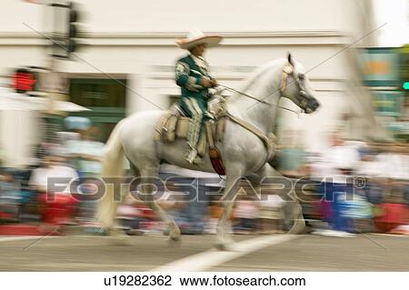Mexican horseback riders trot along during the opening day parade down State Street of Old Spanish Days Fiesta held every August in Santa Barbara, California View Large Photo Image Stock Image - Mexican horseback riders trot along during the opening day parade down State Street of Old Spanish Days Fiesta held every August in Santa Barbara, California. Fotosearch