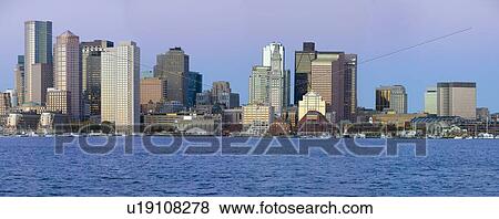 Panoramic of Boston Harbor and the Boston skyline at sunrise as seen from South Boston, Massachusetts, New England View Large Photo Image Stock Photo - Panoramic of Boston Harbor and the Boston skyline at sunrise as seen from South Boston, Massachusetts, New England. Fotosearch