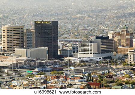 Stock Image - Panoramic view of skyline and downtown El Paso Texas looking toward Juarez, Mexico. Fotosearch