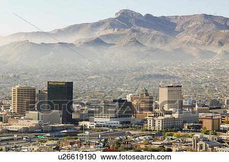 Stock Image - Panoramic view of skyline and downtown El Paso Texas looking toward Juarez, Mexico. Fotosearch