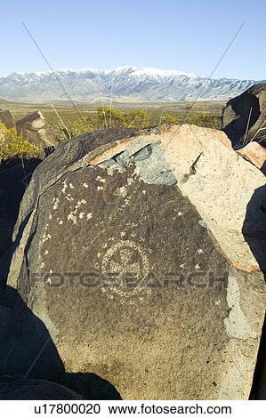 Stock Image - Three Rivers Petroglyph National Site, a (BLM) Bureau of Land Management Site, features more than 21, 000 Native American Indian petroglyphs and examples of prehistoric Jornada Mogollon rock art, off Route 54, South of Carrizozo, New Mexico. Fotosearch