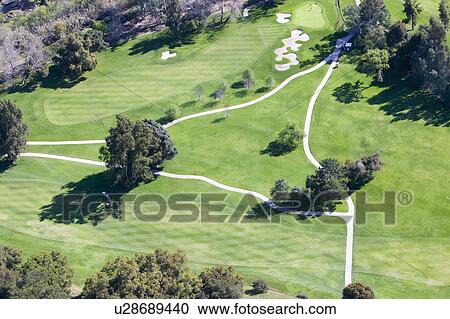 Stock Image - Triangular aerial view of Ojai Valley Inn Country Club Golf Course in Ventura County, Ojai, CA. Fotosearch