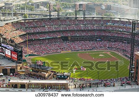Stock Photo - An elevated view of the third Busch Stadium, St. Louis, Missouri, where the Pittsburgh Pirates beat the 2006 World Series Champion baseball team, the St. Louis Cardinals 1 to 0 in a late afternoon baseball game, 9/2/06. Fotosearch
