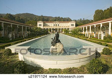 Picture - Colonnade and long pool of the Getty Villa, Malibu Villa of the J. Paul Getty Museum in Los Angeles, California. Fotosearch