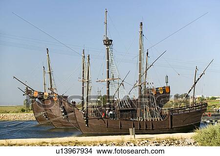 Full size replicas of Christopher Columbus' ships, the Santa Maria, the Pinta or the Niña at Muelle de las Carabelas, Palos de la Frontera - La Rábida, the Huelva Provence of Andalucia and Southern Spain, the site where Columbus departed from the Old Worl View Large Photo Image Picture - Full size replicas of Christopher Columbus' ships, the Santa Maria, the Pinta or the Niña at Muelle de las Carabelas, Palos de la Frontera - La Rábida, the Huelva Provence of Andalucia and Southern Spain, the site where Columbus departed from the Old Worl. Fotosearch