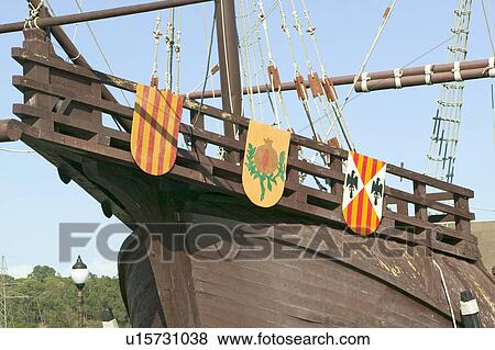 Stock Photo - Full size replicas of Christopher Columbus' ships, the Santa Maria, the Pinta or the Niña at Muelle de las Carabelas, Palos de la Frontera - La Rábida, the Huelva Provence of Andalucia and Southern Spain, the site where Columbus departed from the Old Worl. Fotosearch