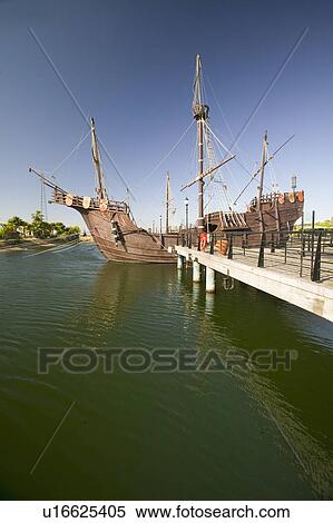 Stock Photography - Full size replicas of Christopher Columbus' ships, the Santa Maria, the Pinta or the Niña at Muelle de las Carabelas, Palos de la Frontera - La Rábida, the Huelva Provence of Andalucia and Southern Spain, the site where Columbus departed from the Old Worl. Fotosearch