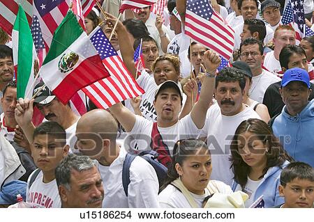 Picture - Hundreds of thousands of immigrants participate in march for Immigrants and Mexicans protesting against Illegal Immigration reform by U. S. Congress, Los Angeles, CA, May 1, 2006. Fotosearch