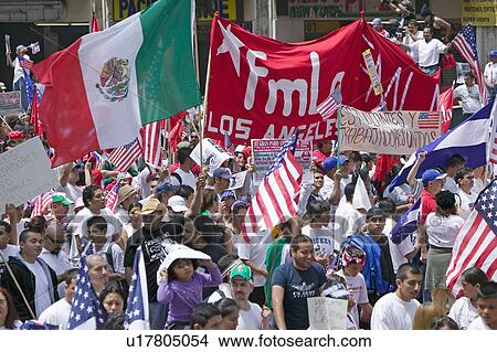 Picture - Hundreds of thousands of immigrants participate in march for Immigrants and Mexicans protesting against Illegal Immigration reform by U. S. Congress, Los Angeles, CA, May 1, 2006. Fotosearch