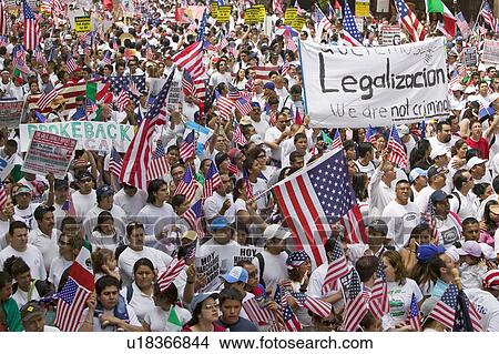 Picture - Hundreds of thousands of immigrants participate in march for Immigrants and Mexicans protesting against Illegal Immigration reform by U. S. Congress, Los Angeles, CA, May 1, 2006. Fotosearch