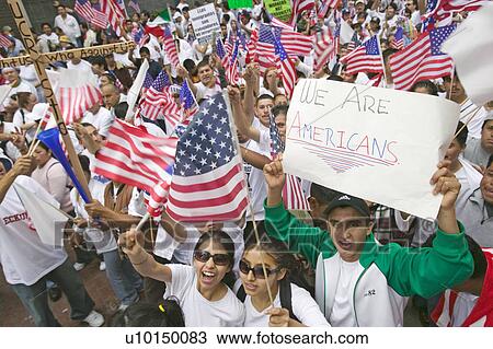 Stock Image - Hundreds of thousands of immigrants participate in march for Immigrants and Mexicans protesting against Illegal Immigration reform by U. S. Congress, Los Angeles, CA, May 1, 2006. Fotosearch