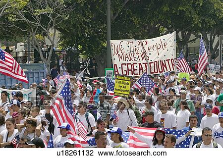 Stock Image - Hundreds of thousands of immigrants participate in march for Immigrants and Mexicans protesting against Illegal Immigration reform by U. S. Congress, Los Angeles, CA, May 1, 2006. Fotosearch