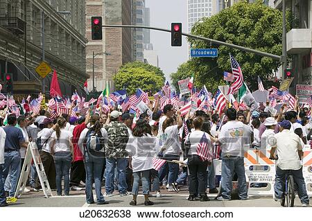 Stock Photo - Hundreds of thousands of immigrants participate in march for Immigrants and Mexicans protesting against Illegal Immigration reform by U. S. Congress, Los Angeles, CA, May 1, 2006. Fotosearch