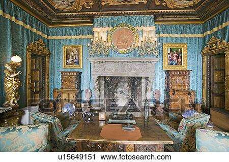 Stock Image - Interior of guest bedroom at Hearst Castle, "America's Castle, " San Simeon, Central California Coast. Fotosearch