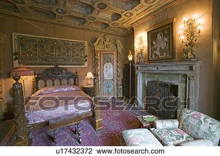 Stock Image - Interior of guest bedroom at Hearst Castle, "America's Castle, " San Simeon, Central California Coast. Fotosearch