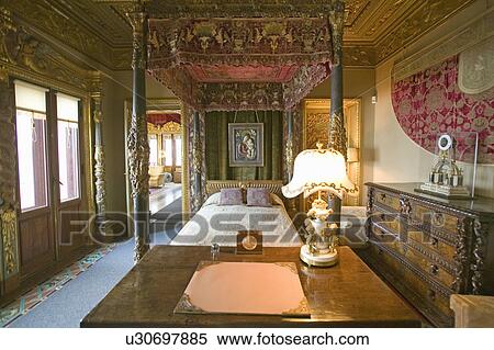 Stock Photography - Interior of guest bedroom at Hearst Castle, "America's Castle, " San Simeon, Central California Coast. Fotosearch