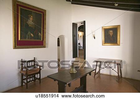 Picture - Interior room with paintings of Christopher Columbus and his sponsor, Spanish Queen Isabella, as seen at the 15th-century Franciscan Monasterio de Santa María de la Rábida, Palos de la Frontera, the Huelva Provence of Andalucia and Southern Spain, the sit. Fotosearch