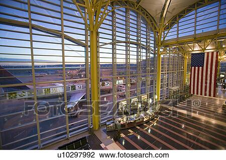 Stock Image - Interior view of American flag at Reagan National Airport in Arlington, Virginia. Fotosearch