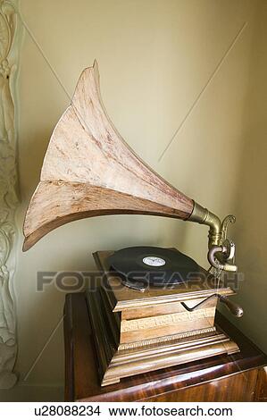 Picture - Interior view of antique record player with megaphone in Casa Mila by Antoni Gaudi, built between 1905-1911, Barcelona, Spain. Fotosearch