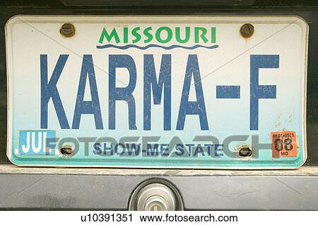 Stock Image - Karma" vanity license plate in Bourbon, Missouri. Fotosearch