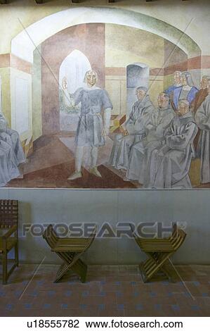 Stock Image - Murals of Christopher Columbus' story were painted by Vazquez Diaz and displayed at the 15th-century Franciscan Monasterio de Santa María de la Rábida, Palos de la Frontera, a Heritage of Mankind Site in the Huelva Provence of Andalucia and Southern Spain. Fotosearch